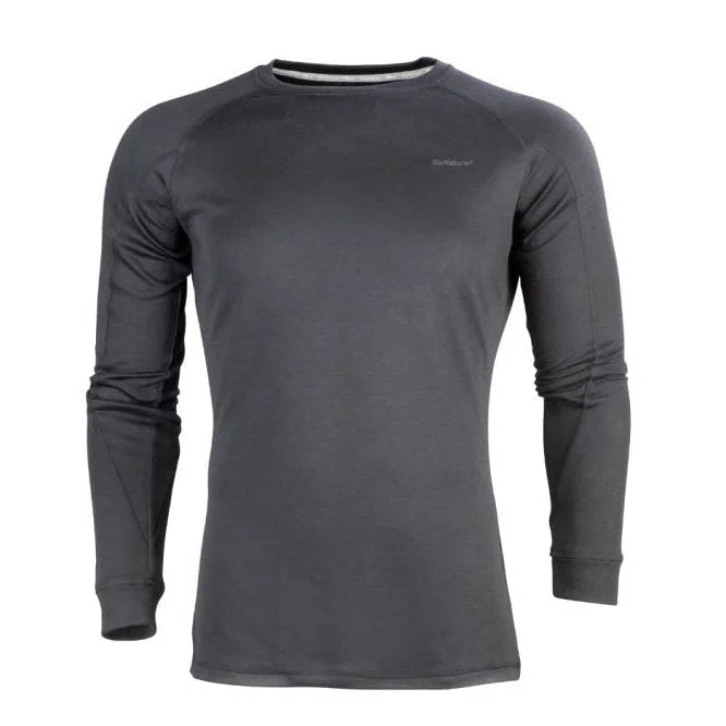 חולצה טרמית גברים Go Nature Wool Merino Hybrid Level 2 שחורה, בד היברידי 80% פוליאסטר ו-20% מרינו, מבט מלפנים