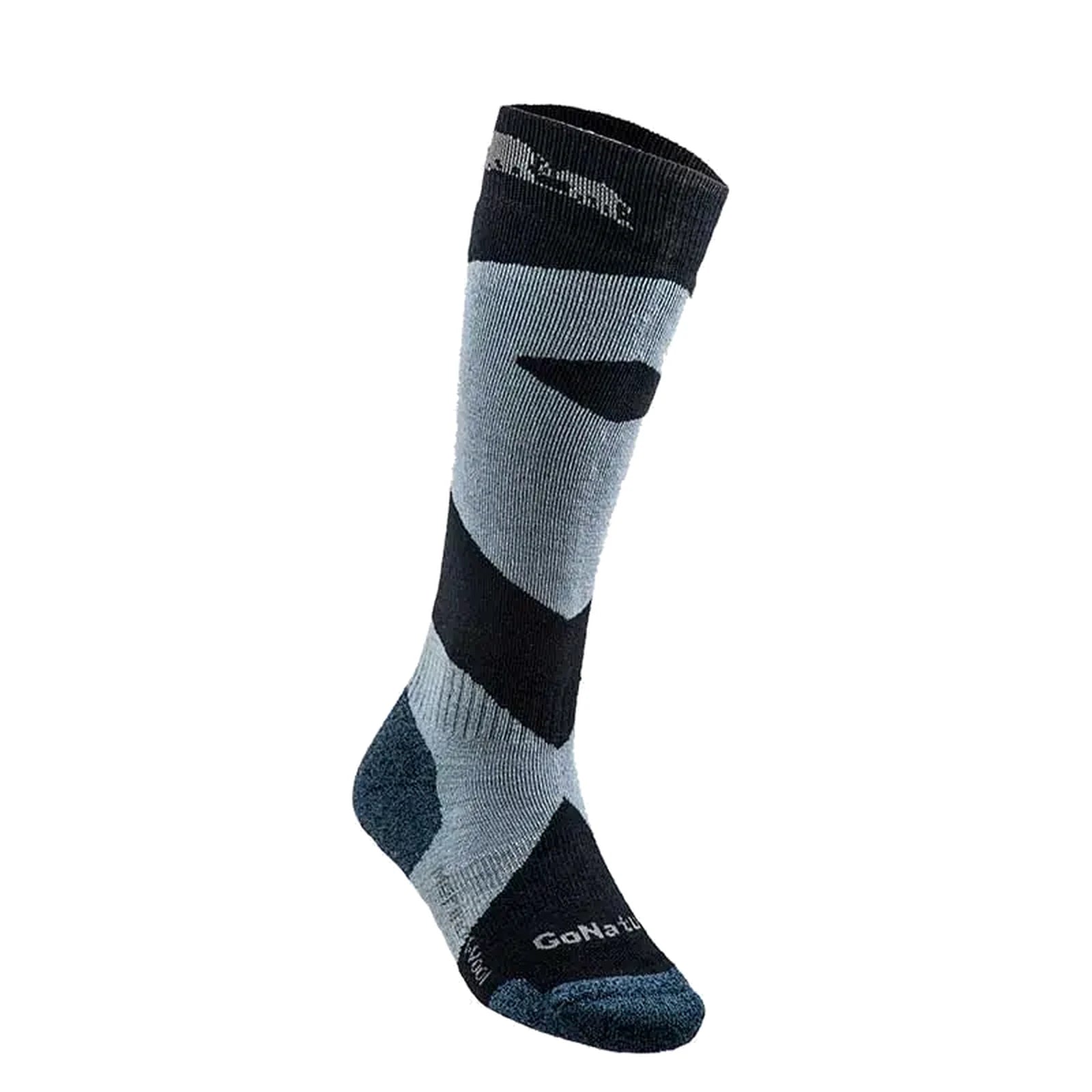 גרבי סקי וסנובורד מצמר מרינו GoNature Snow Sport - מבט צד - גרב גבוהה עד הברך בכחול ואפור