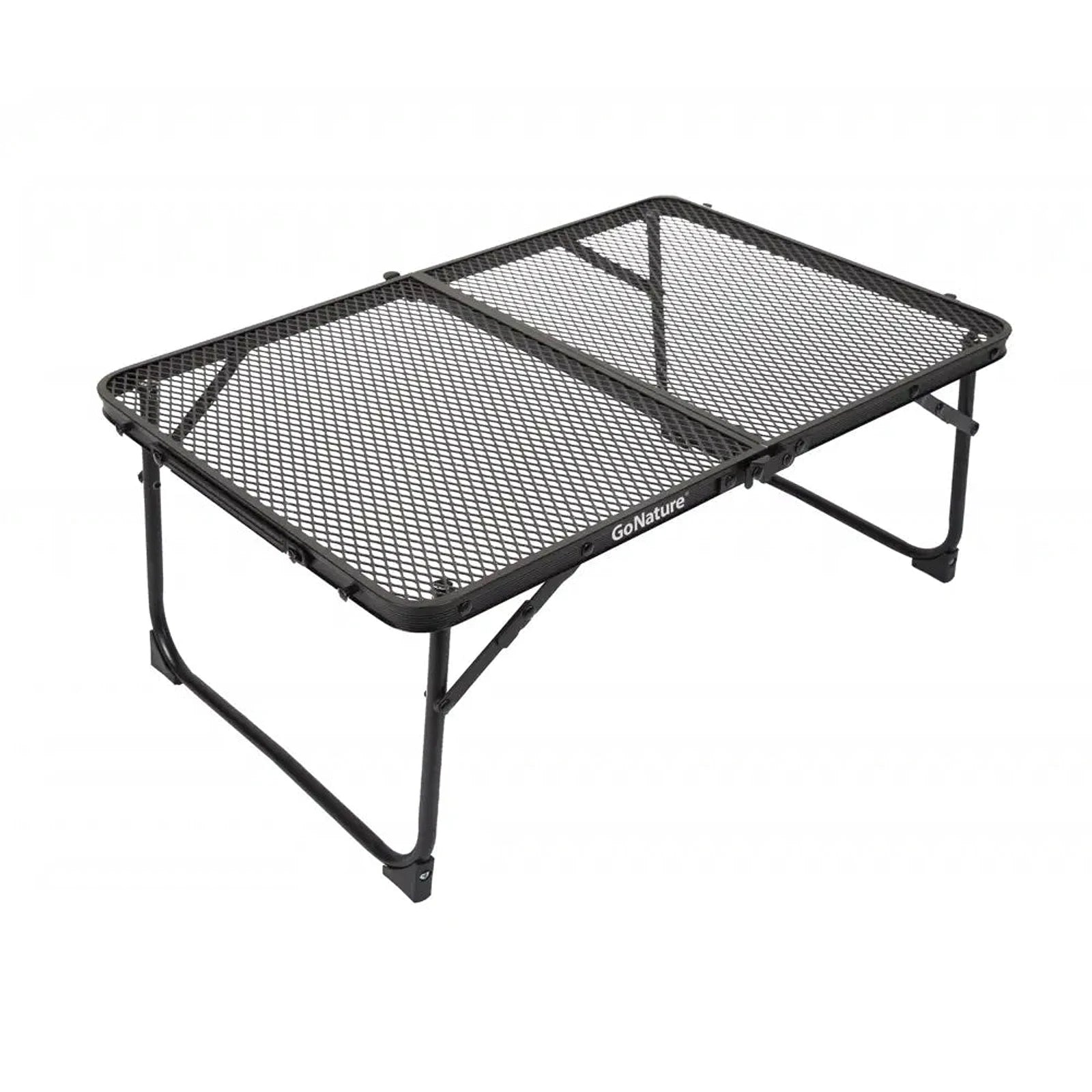 שולחן קמפינג מתקפל GoNature Mini TrailMate שחור, מסגרת אלומיניום עם משטח רשת, משקל 1.45 ק״ג, מבט זווית