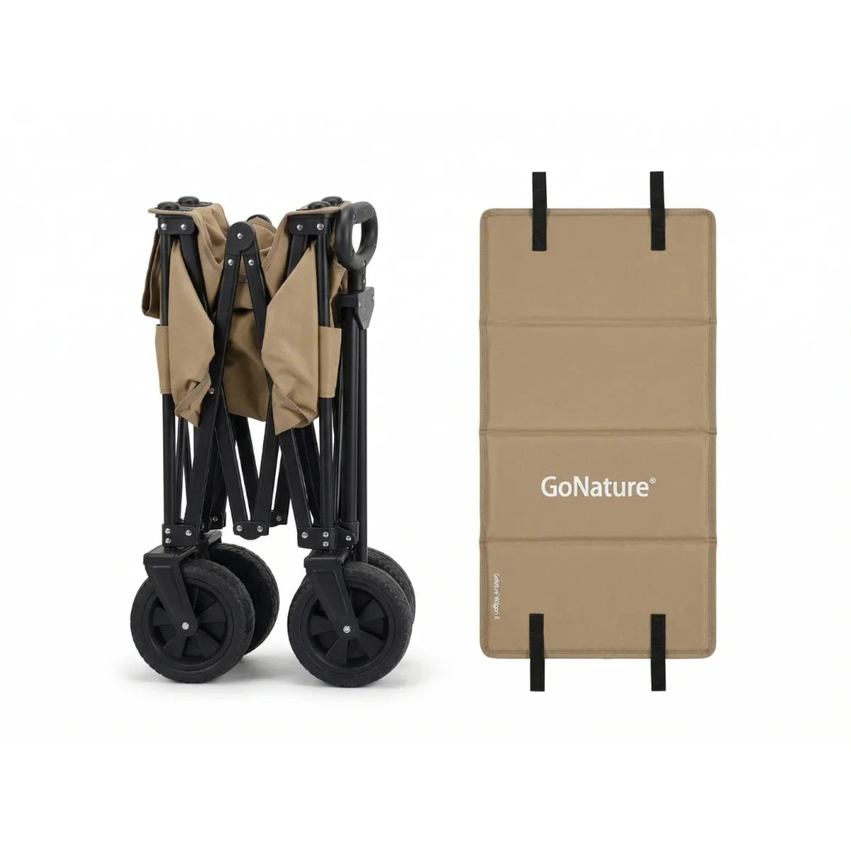 עגלת קמפינג GoNature Offroad Wagon II מקופלת לצד ריפוד הרצפה המתקפל, קיפול קומפקטי לאחסון
