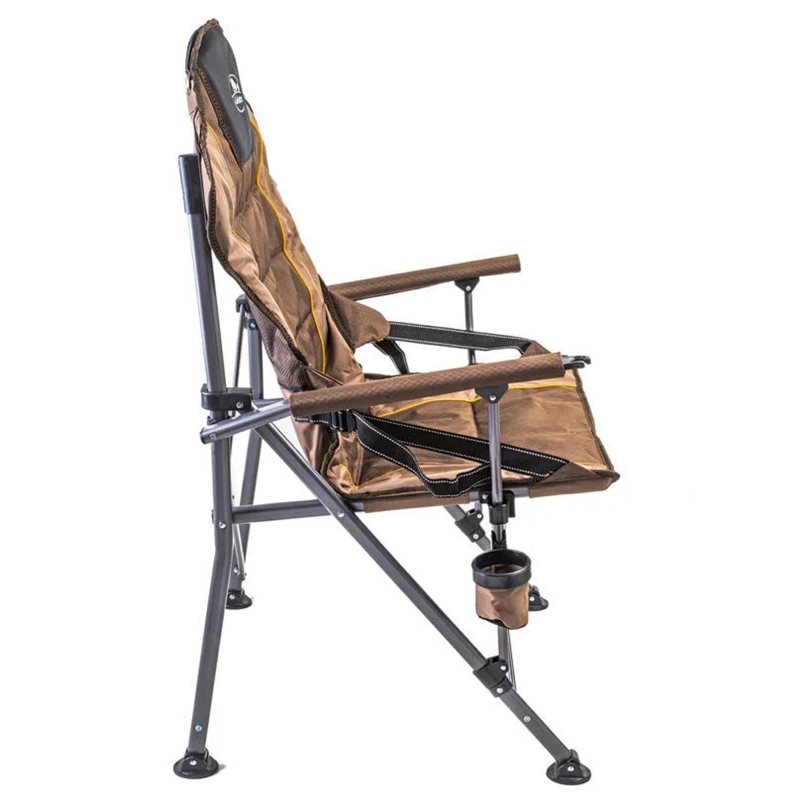 כיסא קמפינג מתקפל Go Nature Outback Jumbo חום, מבט מהצד המציג ריפוד עמוק ושלדת פלדה