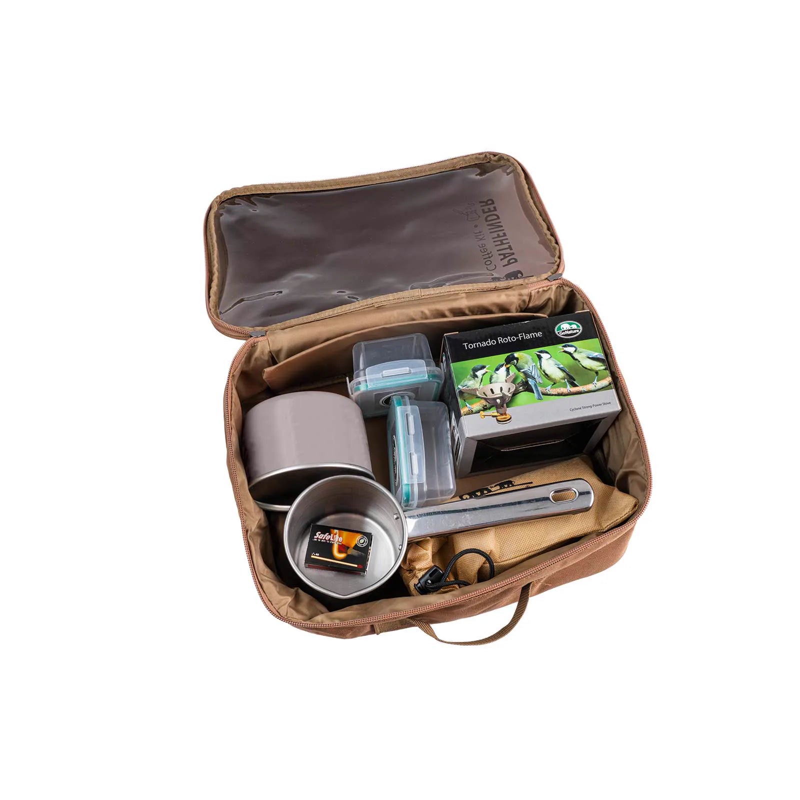 ערכת קפה שטח GN PATHFINDER פתוחה מלמעלה, מיכלי lock-lock, פינג׳אן וגזיית Giga Power מסודרים בתיק