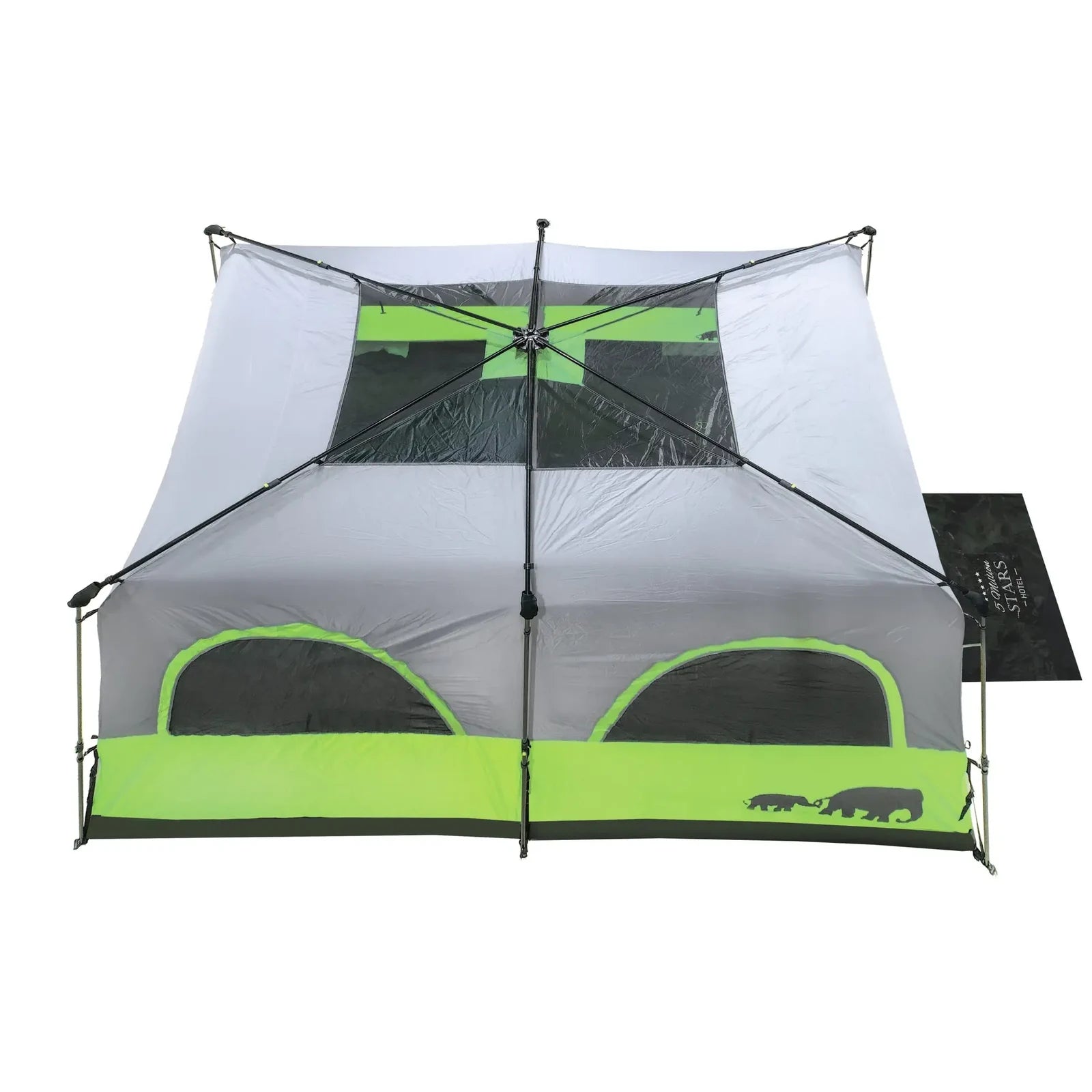 מבט על אוהל קמפינג משפחתי Go Nature RAPID CABIN 10 אנשים פתוח - פריסת שני החדרים וחלונות הרשת ההיקפיים