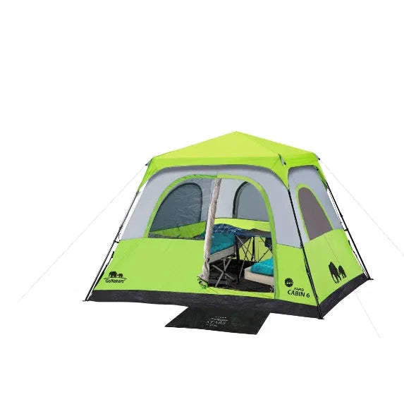 אוהל קמפינג משפחתי Go Nature Rapid Cabin 6 בצבע ירוק עם דלת פתוחה, מבט מזווית המציג את הפנים המרווח