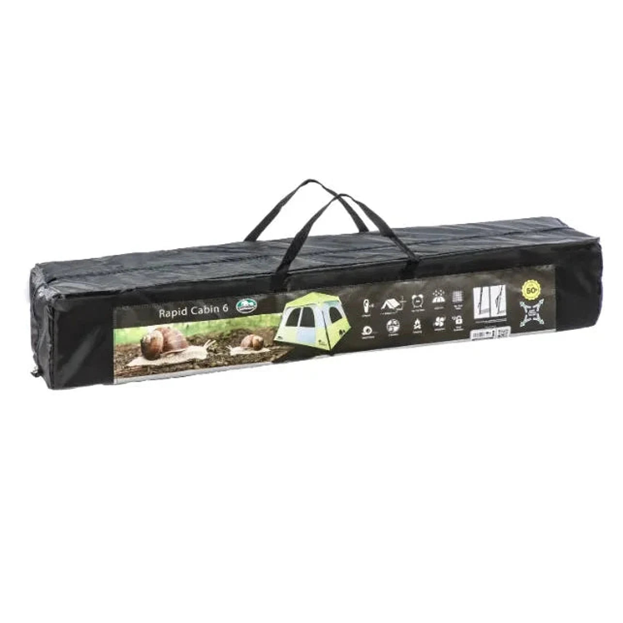תיק נשיאה של אוהל קמפינג Go Nature Rapid Cabin 6 עם סמל דגם וסמל UPF50, מוכן לאחסון ולהובלה