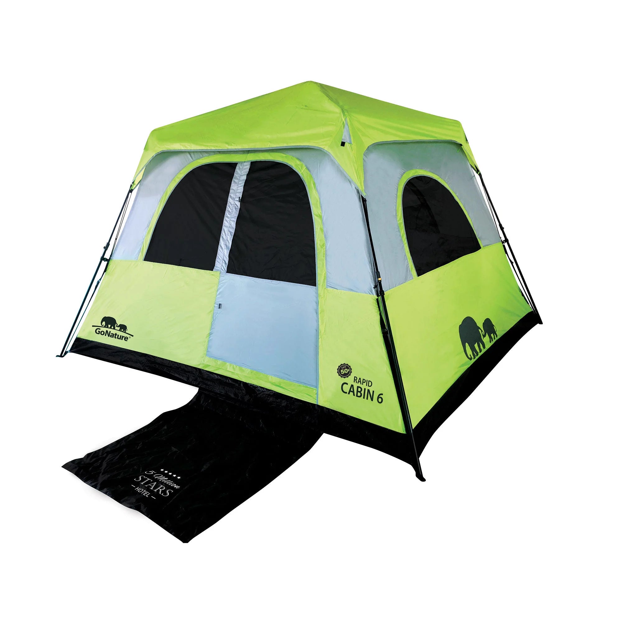 אוהל קמפינג משפחתי Go Nature Rapid Cabin 6 בצבע ירוק עם הגנת UPF50, מבט מלפנים עם שטיח כניסה