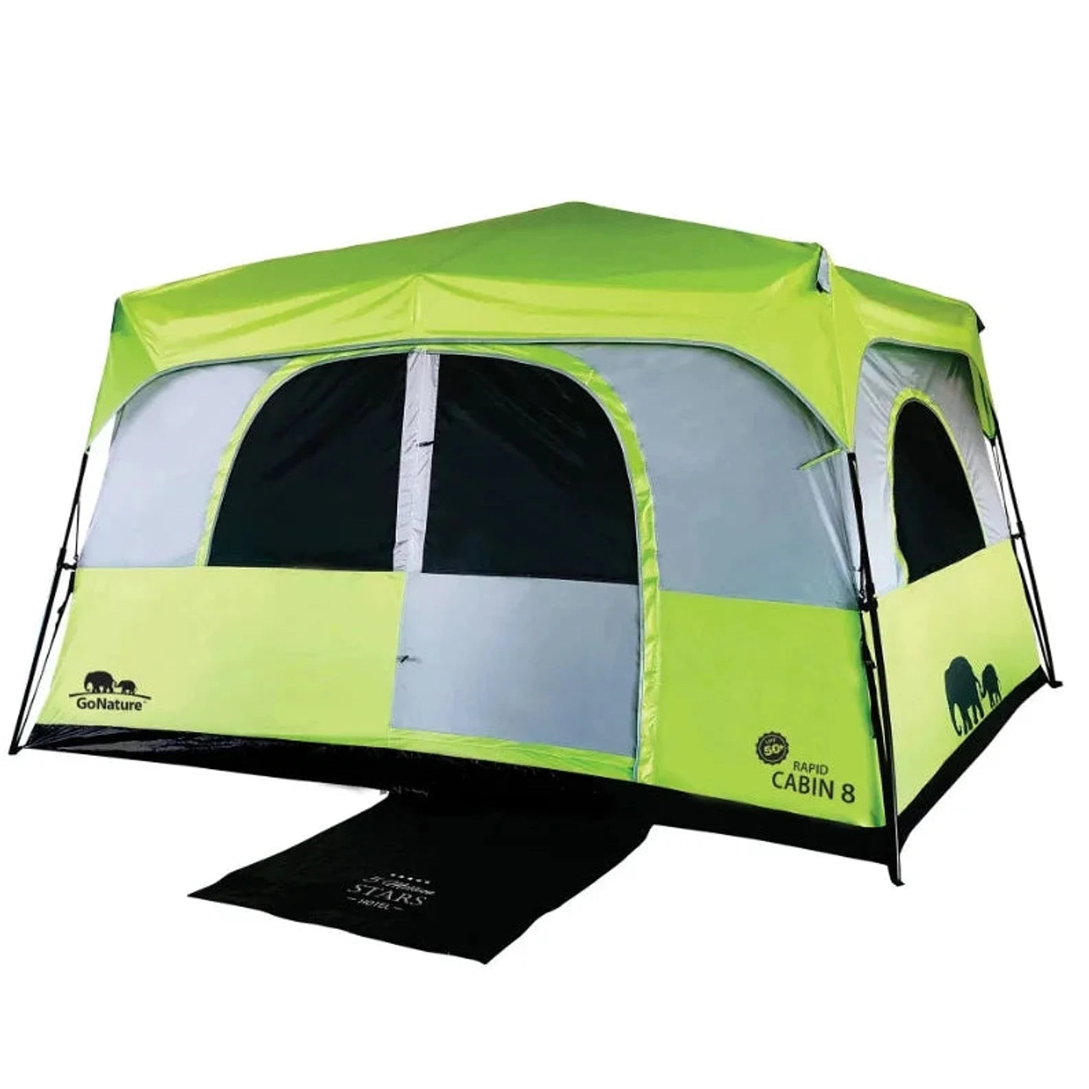 אוהל קמפינג משפחתי קאבין לשמונה אנשים Go Nature RAPID CABIN UPF50 בצבע ירוק, מבט קדמי חיצוני