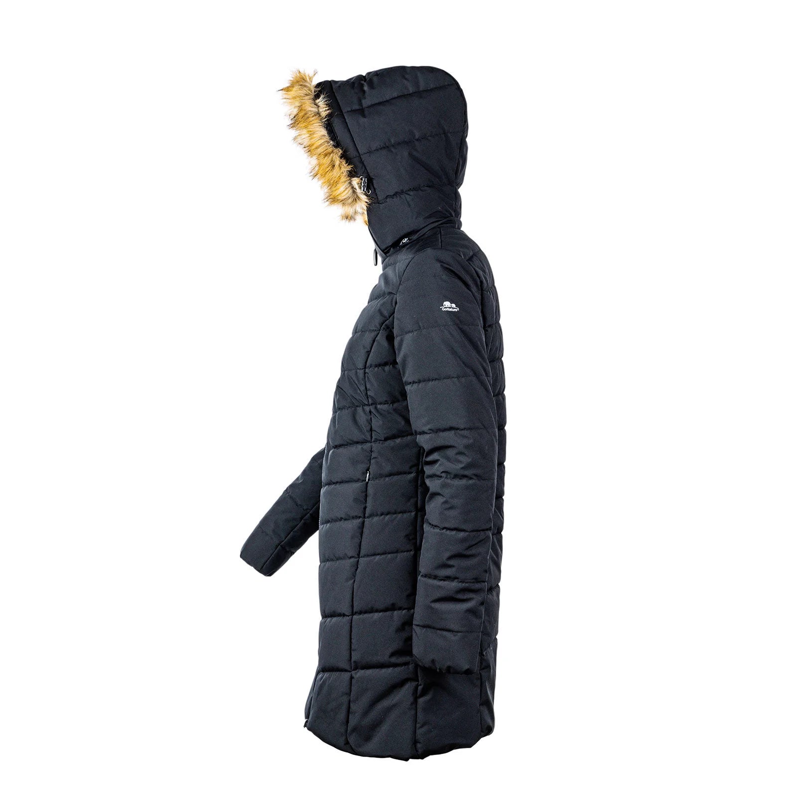 מעיל נשים ארוך פוך סינטטי Go Nature Snow Goose בצבע שחור, הוד עם פרווה סינטטית, מבט צדדי