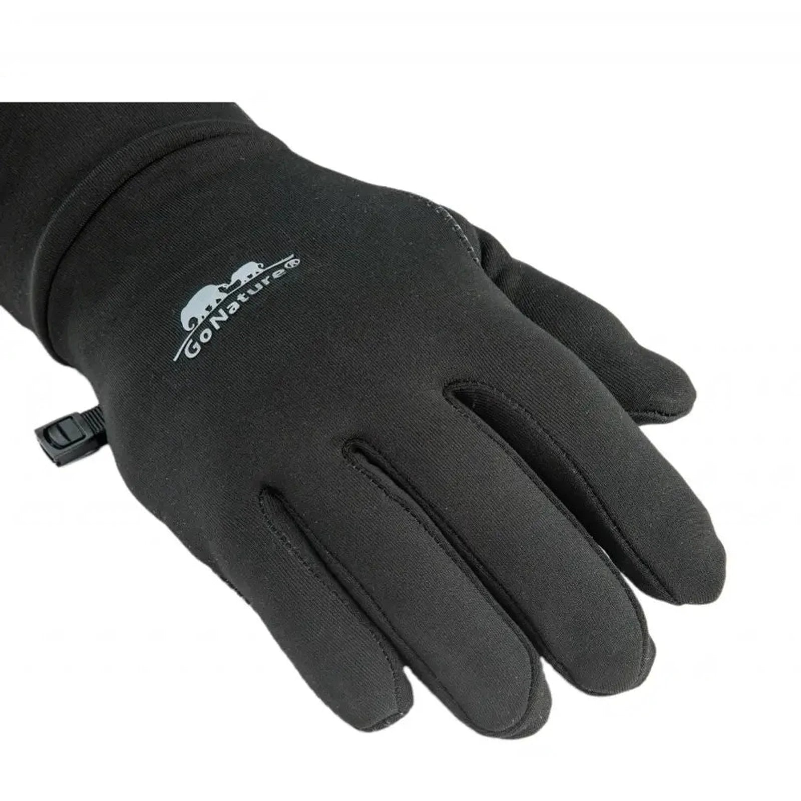 תקריב גב כפפת Go Nature Spider שחורה מבד Stretch Pro גמיש, מתאים לאקלים קר וטיולים, לוגו GoNature