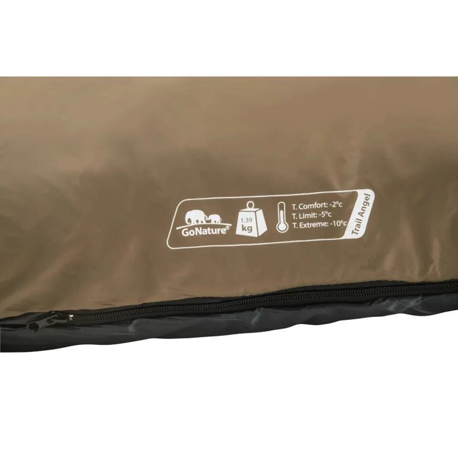 תווית מפרט שק שינה Go Nature Trail Angel: T.Comfort מינוס 2, T.Limit מינוס 5, T.Extreme מינוס 10, משקל 1.39 ק"ג