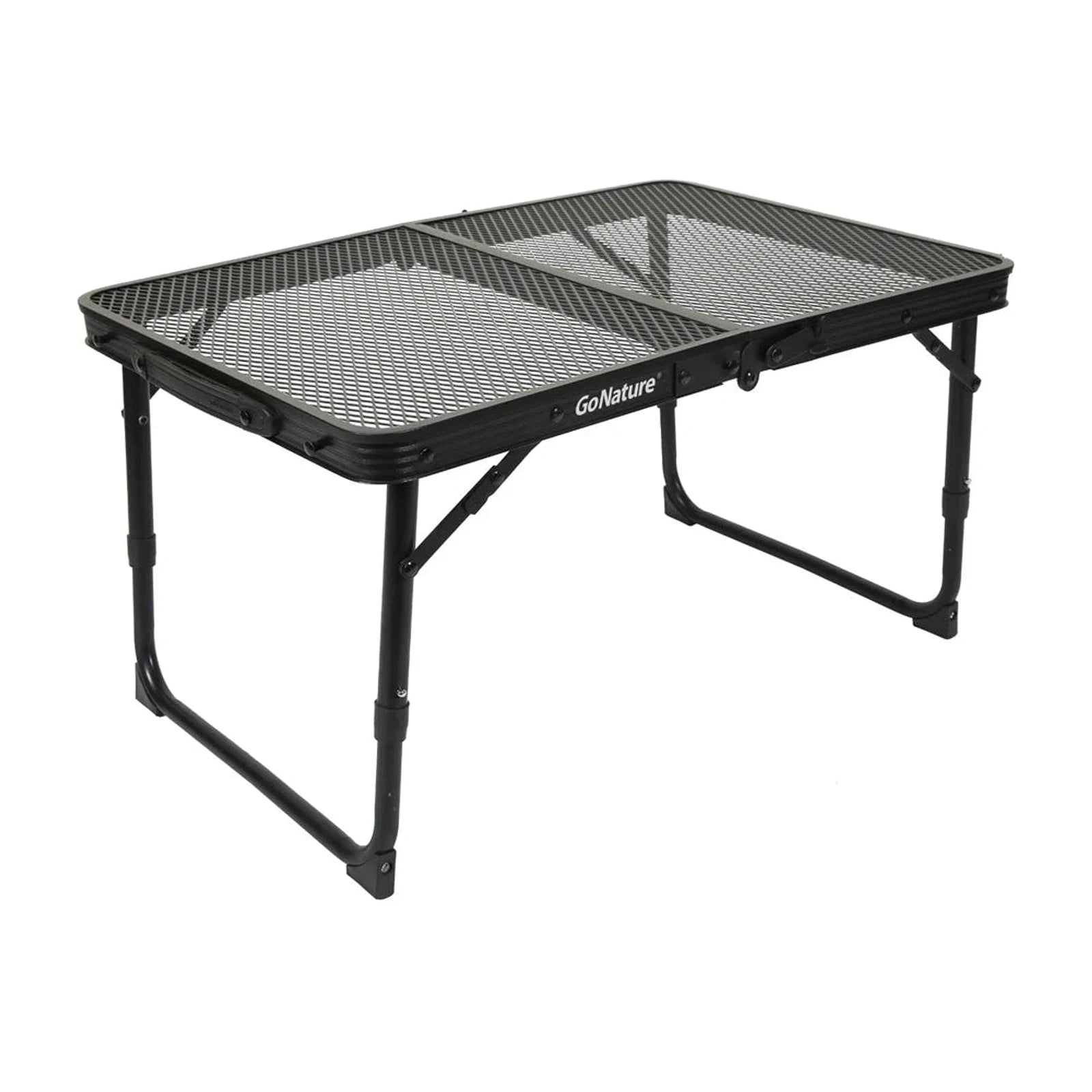 שולחן שטח מתקפל Go Nature TrailMate Mini Adjustable מסגרת אלומיניום ורשת פלדה גובה מתכוונן 25 או 33 סמ מבט זווית