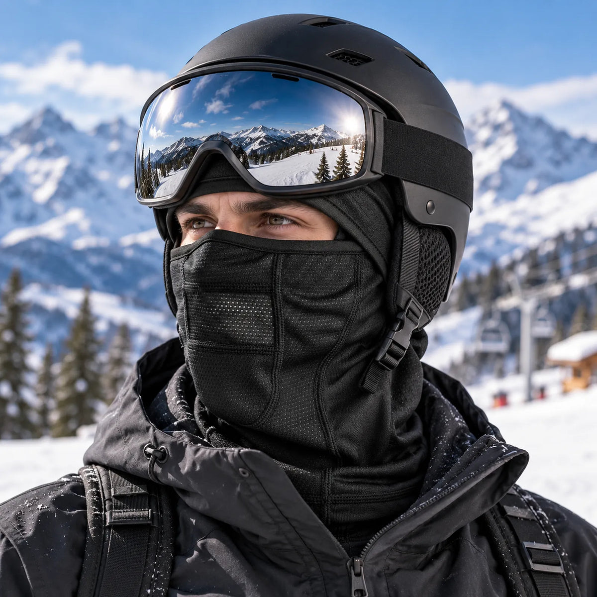 גולש סקי עם מסיכת פנים בלקלבה נגד רוח GoNature WINDPROOF BALACLAVA מתחת לקסדה ומשקפי סקי, על רקע הרים מושלגים