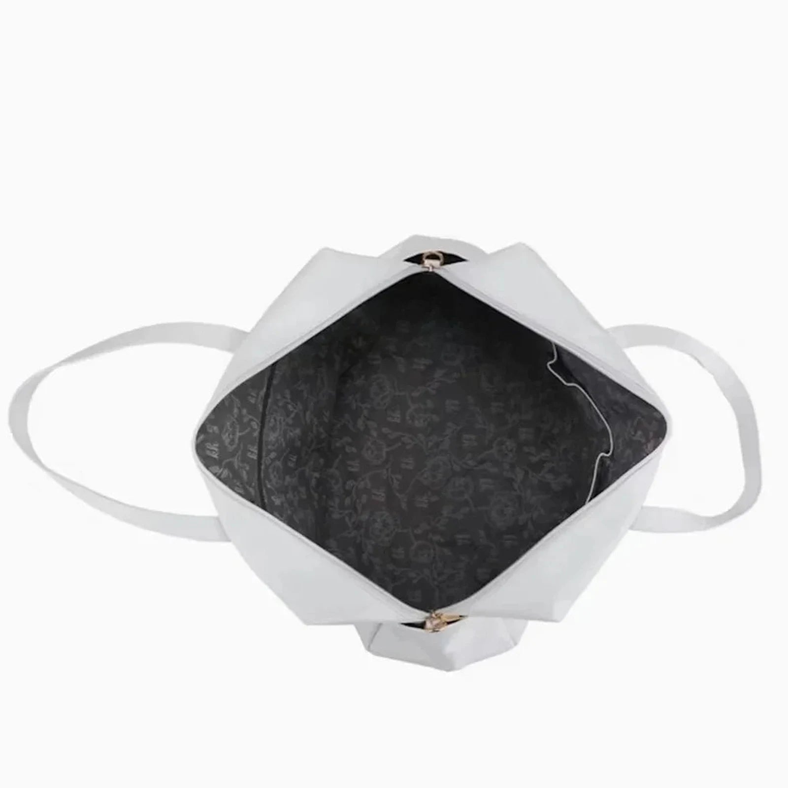 תיק נסיעות Kate Hill Bloom Overnight Tote פתוח מלמעלה, בטנה פנימית שחורה עם הדפס פרחוני איכותי