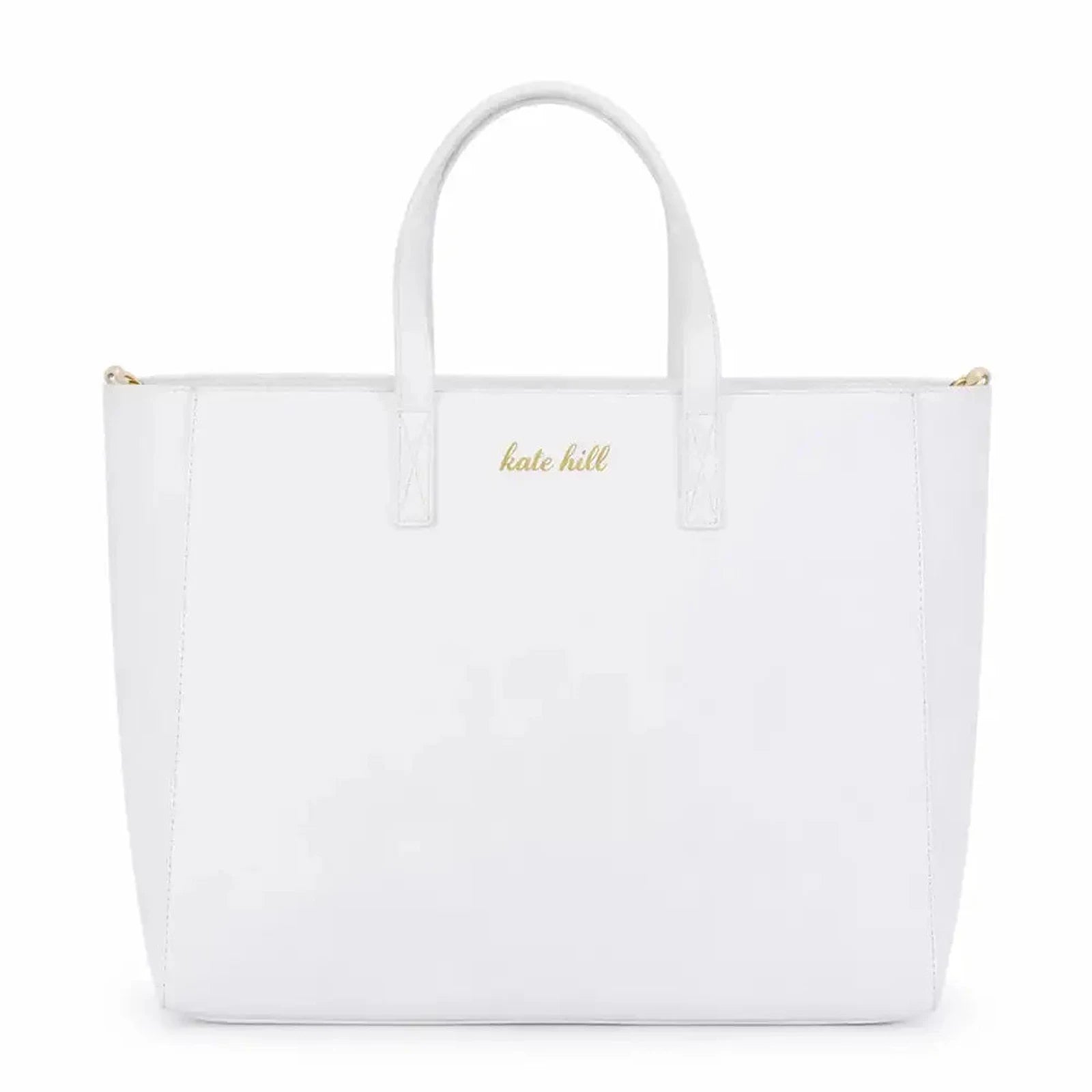 תיק נסיעות לבן Kate Hill Bloom Travel Tote עשוי מדמוי עור איכותי עם לוגו זהב מוטבע בחזית, מבט מלפנים