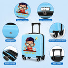 תצוגת מאפייני מזוודת ילדים קשיחה RollyBear 18 אינץ' דגם SMARTY: הדפס מצויר, מנעול קוד, בסיס מחוזק, גלגלי ספינר 360 וידית טרולי