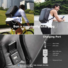 תרשים פעולה של תיק גב סולארי Kingsons K9386W, יציאות USB ו-Micro USB וכיסוי מוגן מים לחיבורים