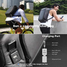 תרשים פעולה של תיק גב סולארי Kingsons K9386W, יציאות USB ו-Micro USB וכיסוי מוגן מים לחיבורים