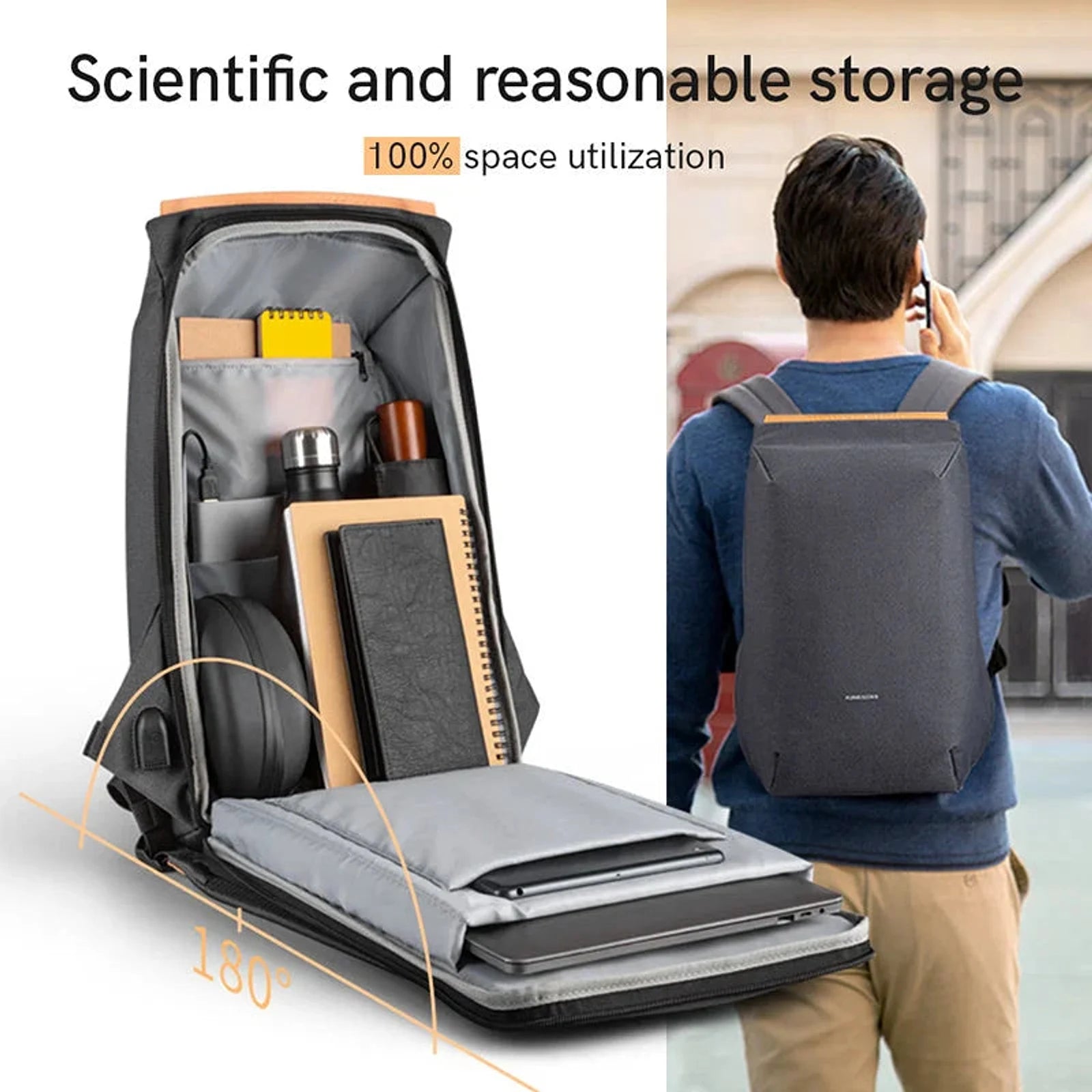 תיק גב Kingsons Travel Light KS3207W עם פתיחת 180 מעלות לתא ראשי וחלוקה פנימית חכמה לציוד דיגיטלי
