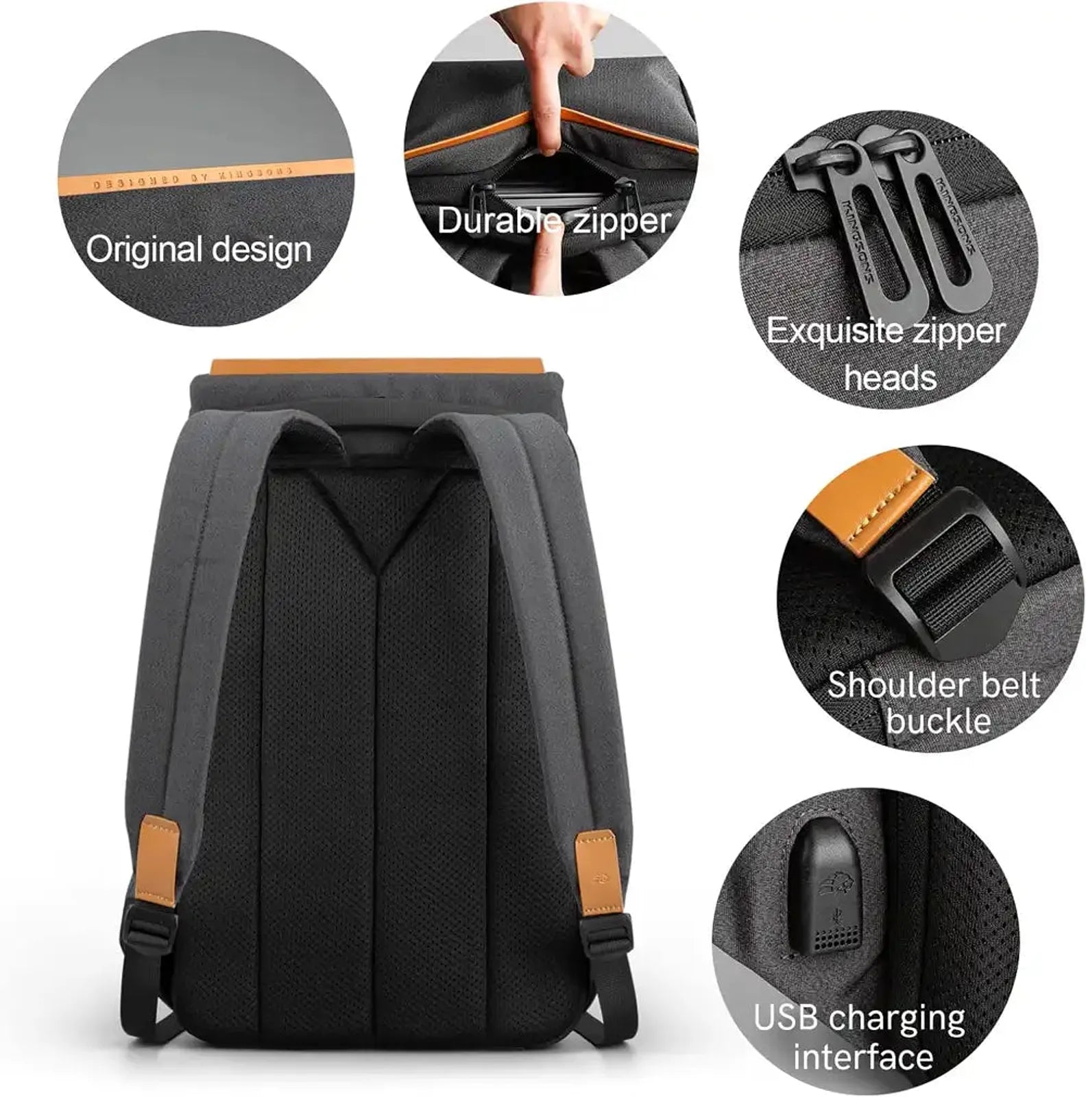 תיק גב Kingsons Travel Light KS3207W הדגשת תכונות רוכסן נסתר שקע USB ואבזמי כתף מחוזקים