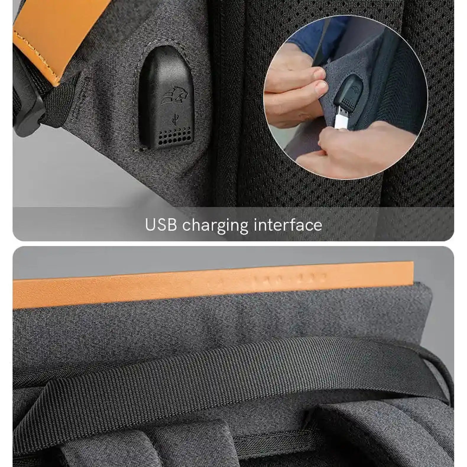 תיק גב Kingsons Travel Light KS3207W תקריב יציאת טעינה USB מוגנת מים ופרט ידית עור עליונה
