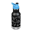 בקבוק שתייה מבודד לילדים Klean Kanteen Kid Classic Insulated 355 מ״ל שחור עם הדפס דינוזאורים ופקק ספורט