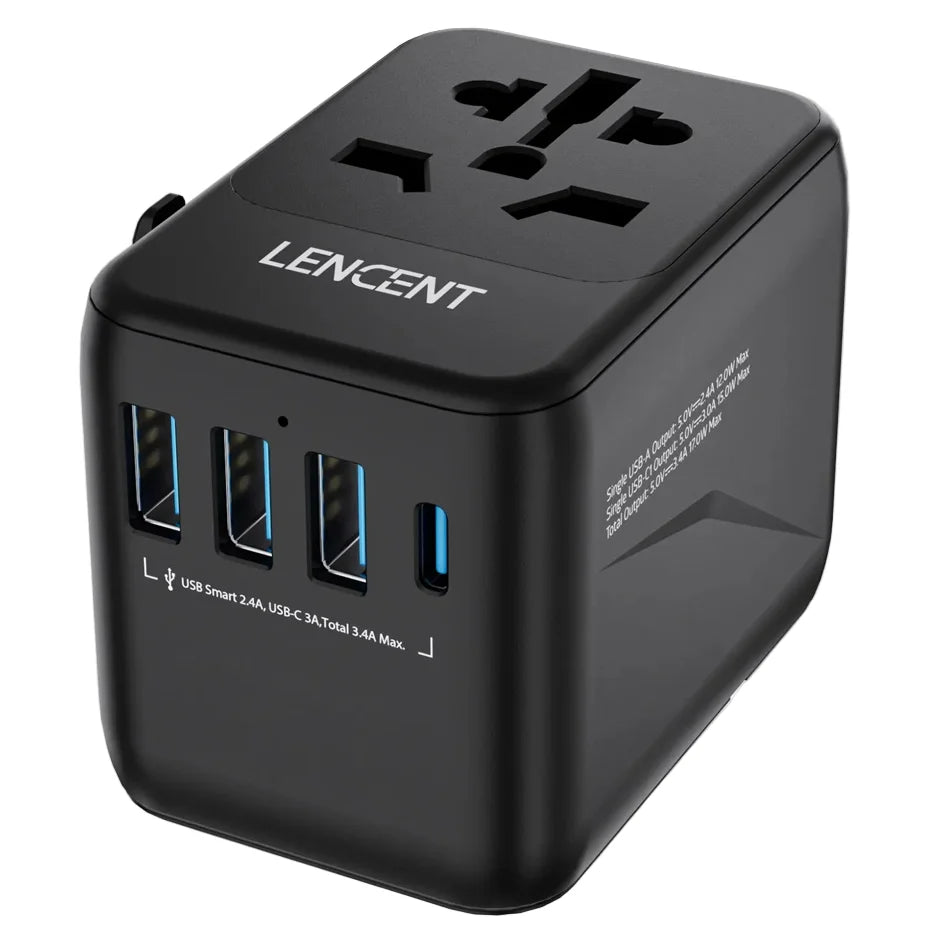 מתאם נסיעות אוניברסלי LENCENT על רקע לבן, שוקל 132 גרם בלבד, תואם לכל מדינות העולם, מבט קדמי