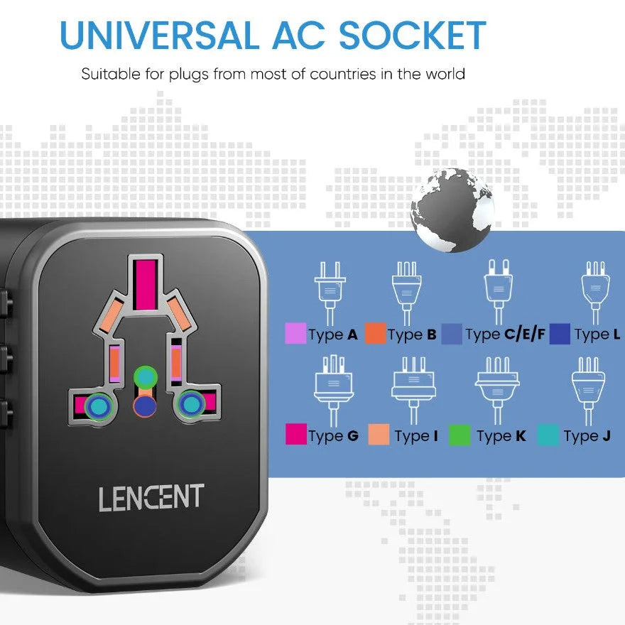 מתאם חשמל אוניברסלי LENCENT – שקע AC המתאים לכל סוגי התקעים Type A B C E F G I J K L
