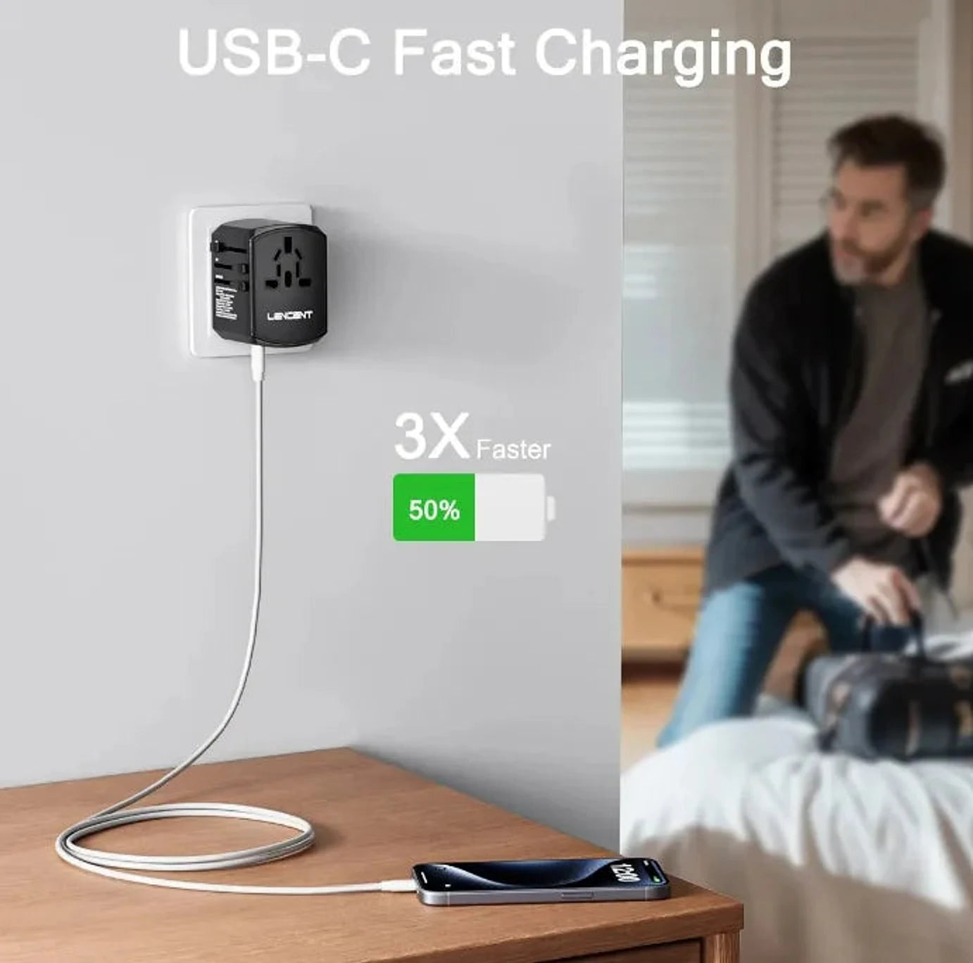 מתאם LENCENT עם טעינה מהירה USB-C פי שלוש ביחס לטעינה רגילה, תומך בטעינת 5 מכשירים בו-זמנית