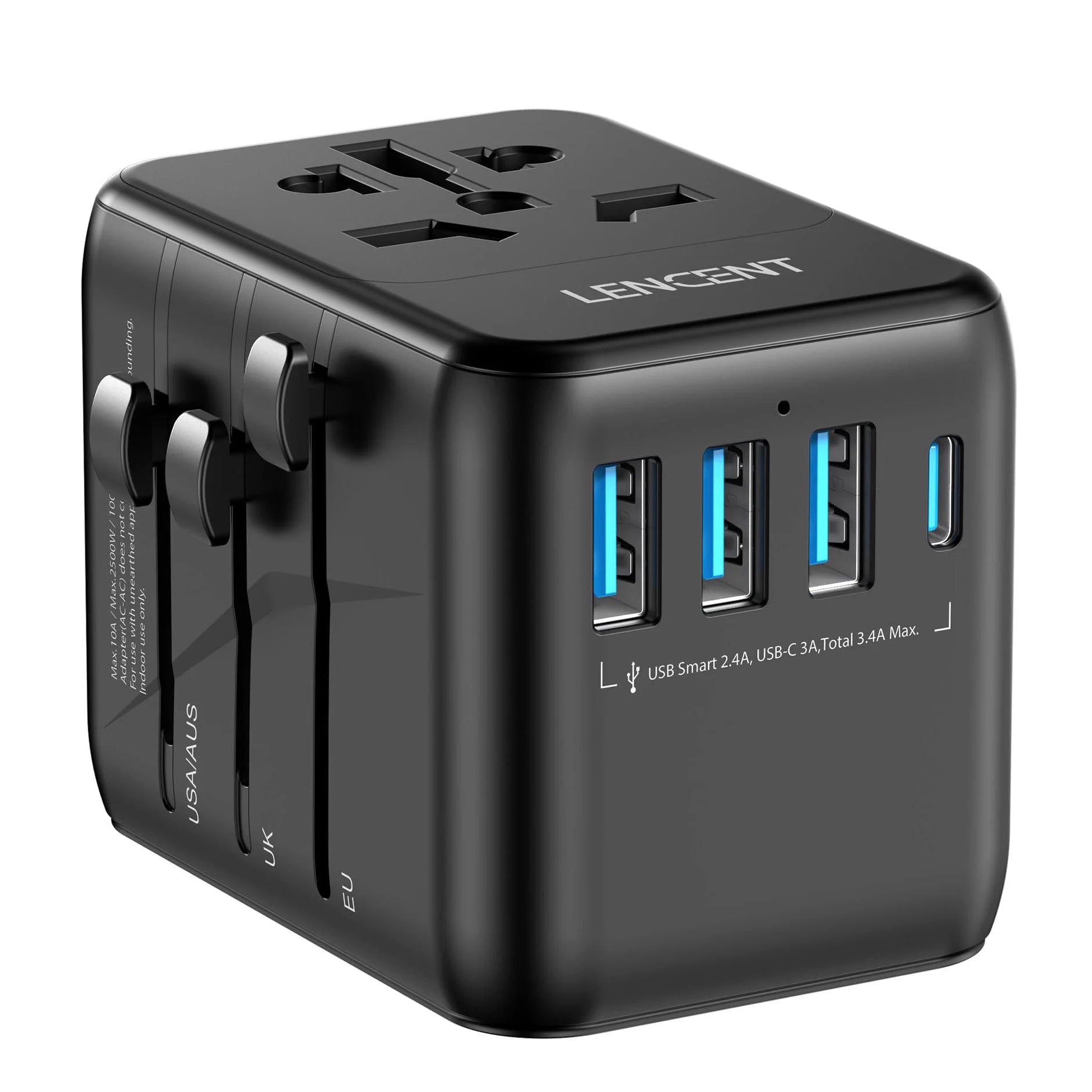 מתאם נסיעות אוניברסלי LENCENT עם שלושה יציאות USB ו-USB-C לטעינה מהירה, מבט זווית