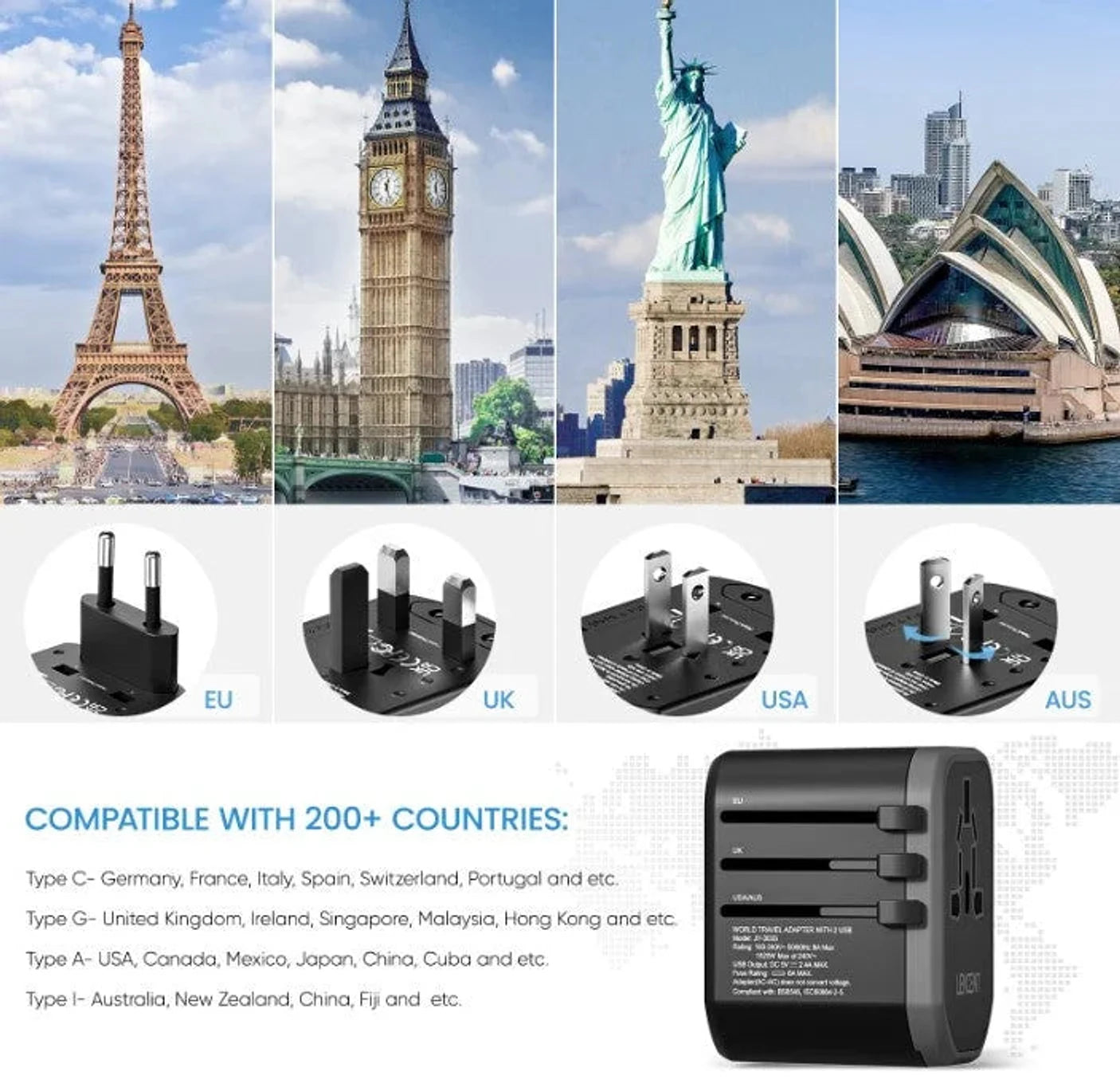 מתאם חשמל LENCENT תואם לתקעי EU, UK, USA ואוסטרליה, כולל 3 USB ו-USB-C, מתאים ל-200 מדינות