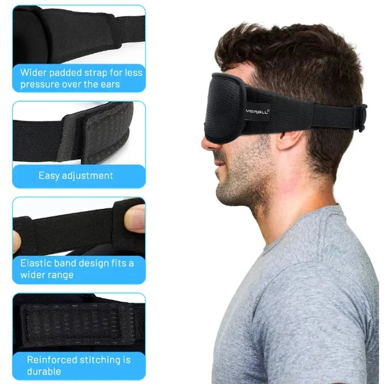 גבר עונד כיסוי עיניים 3D שחור מקצף פוליאסטר מאוורר עם רצועה מתכווננת, חוסם אור לשינה עמוקה