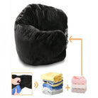 כרית טיסה Magic Pillow שחורה — ממלאים בבגדים ומרכיבים על הצוואר, ממדי 78 על 18 סנטימטר
