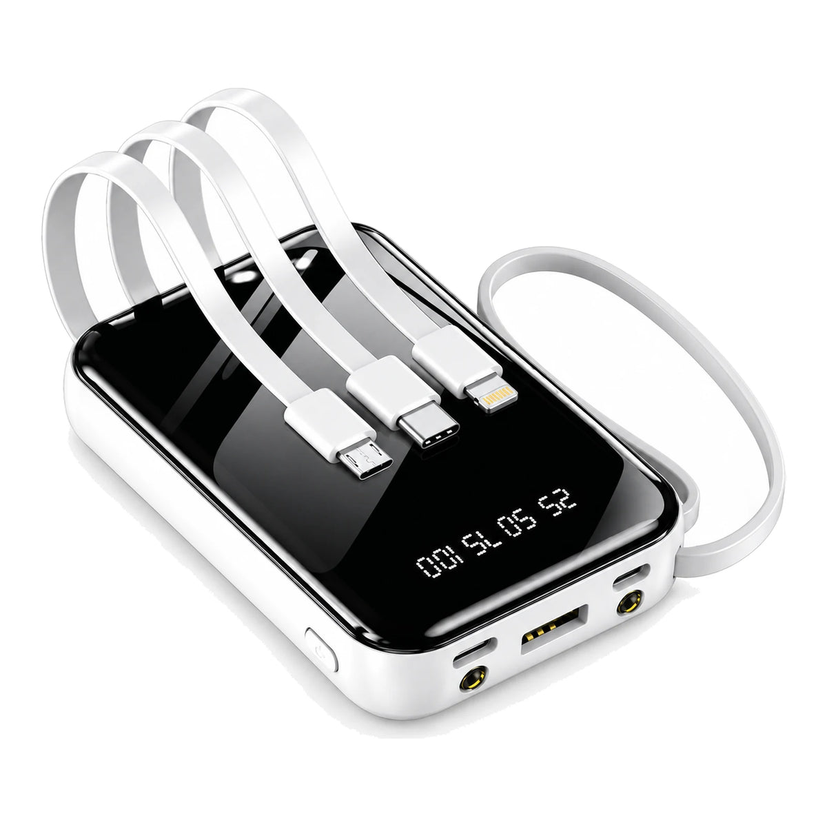 מטען נייד 10,000mAh לבן לעלייה למטוס, מבט בזווית על הכבלים המובנים, רצועת הנשיאה ויציאות הטעינה