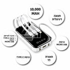 אינפוגרפיקה של מטען נייד 10,000mAh לבן: תצוגה דיגיטלית, תאורת לד, כבלים לאייפון, Type-C ו-Micro USB וכניסות טעינה