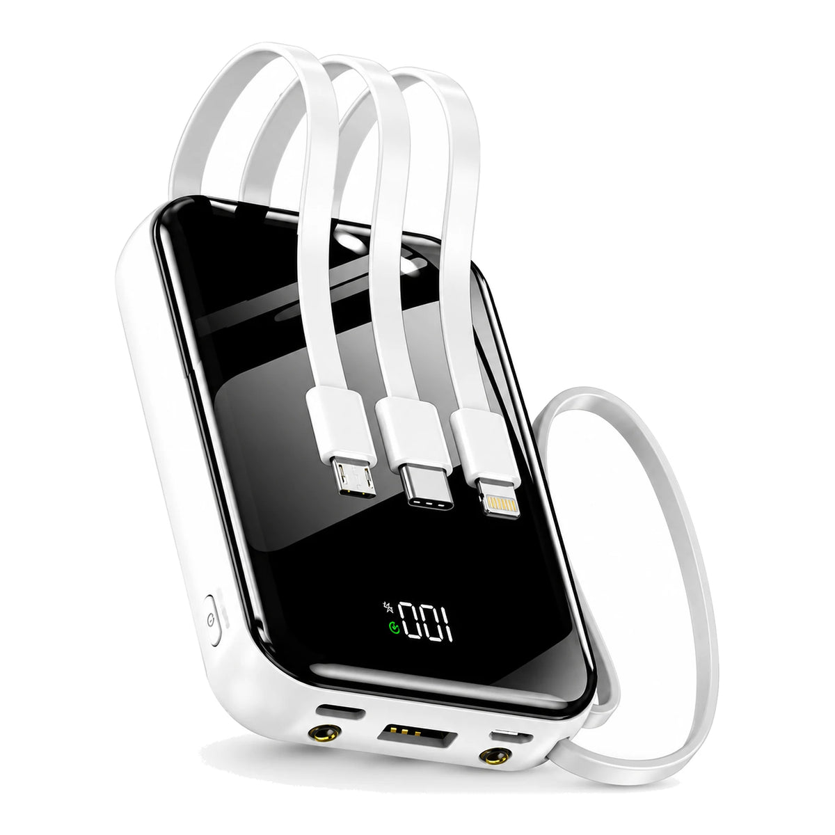 מטען נייד פאוור בנק 10,000mAh בצבע לבן עם 3 כבלים מובנים לאייפון, Type-C ו-Micro USB וצג דיגיטלי, מבט קדמי