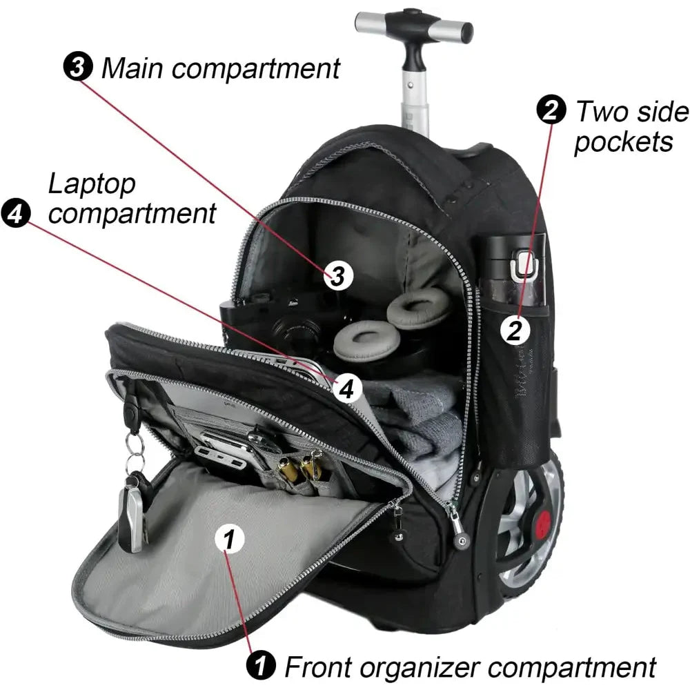 תיק טרולי ללפטופ Loopi Rolling Executive 19 אינץ' פתוח עם תא ללפטופ, תא מרכזי, אורגנייזר קדמי וכיסי צד