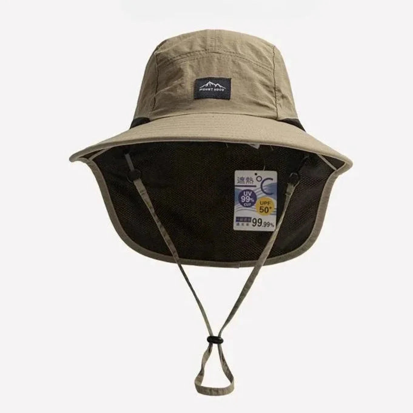כובע שמש בז' Mount Hood מבט קדמי, כיסוי עורף, UPF 50+ מגן UV, פוליאסטר דוחה מים עם רצועת זיעה פנימית