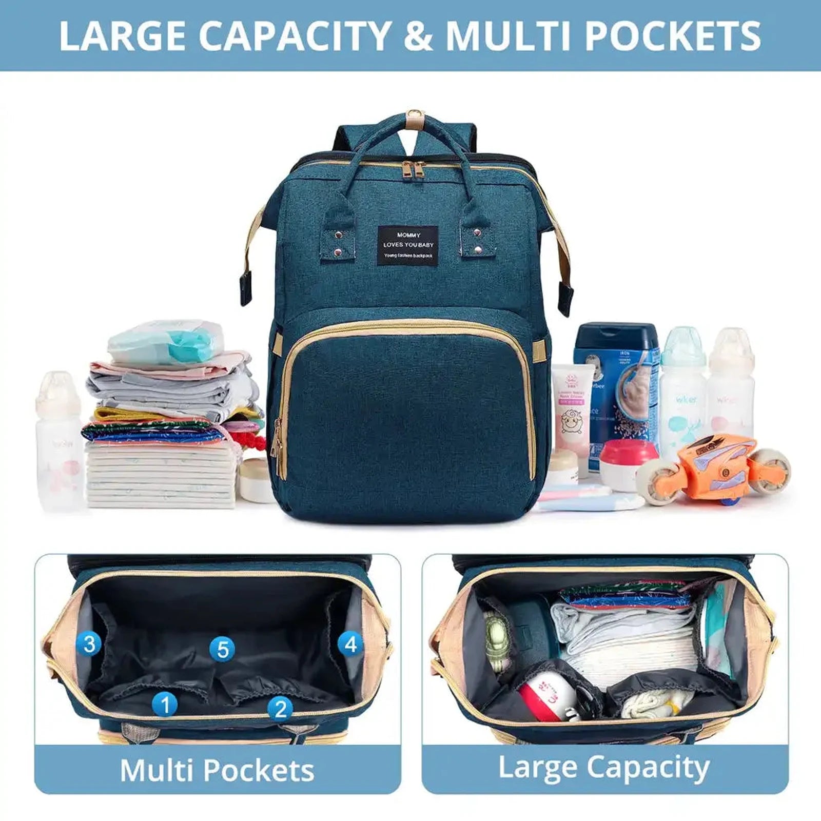 תיק גב LOVEVOOK BABY TRAVEL CARE עם נפח אחסון גדול וריבוי תאים פנימיים לחיתולים, בקבוקים וציוד תינוק