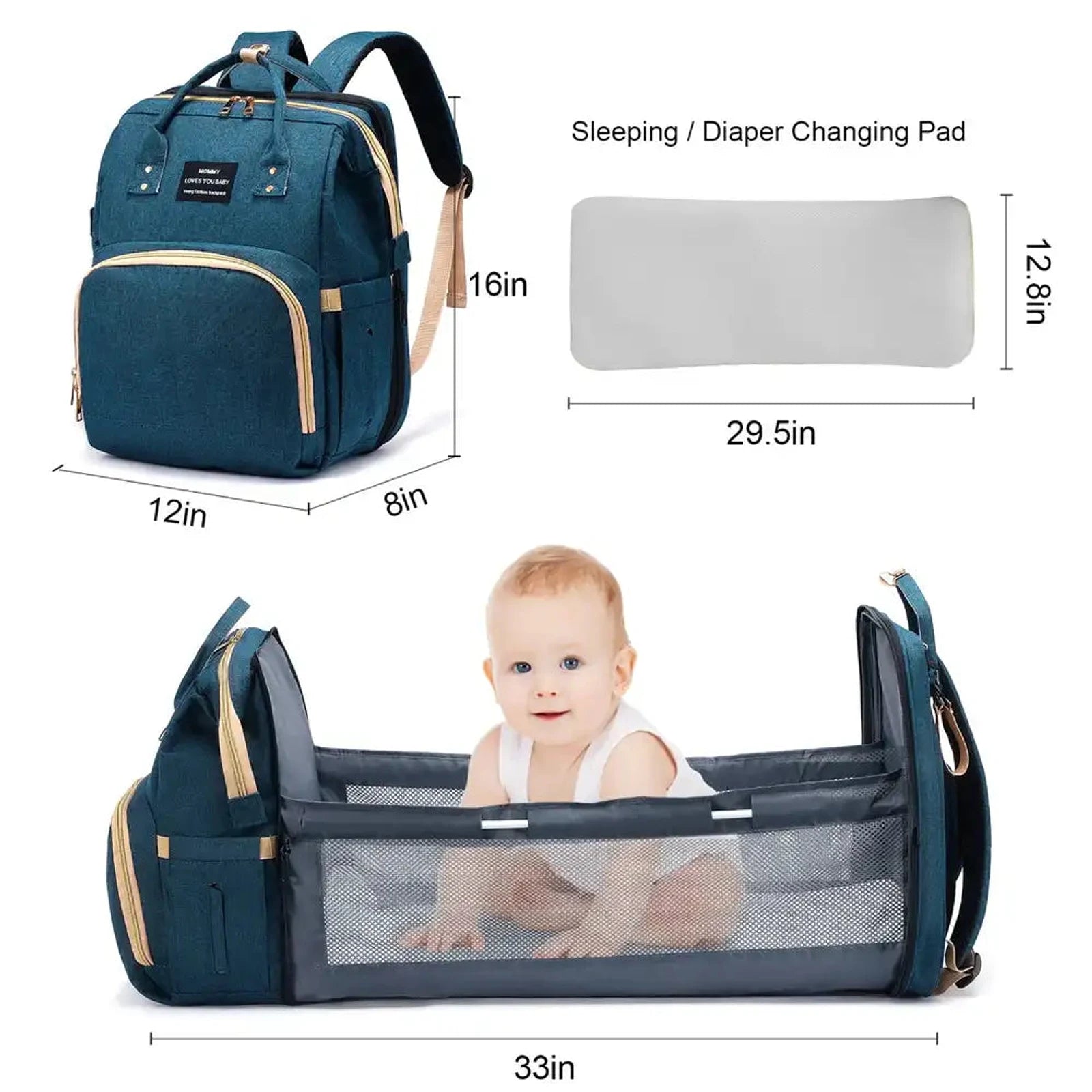 מידות תיק החתלה LOVEVOOK BABY TRAVEL CARE, גובה 41 ס"מ ורוחב 31 ס"מ, עריסה נפרשת באורך 74 ס"מ