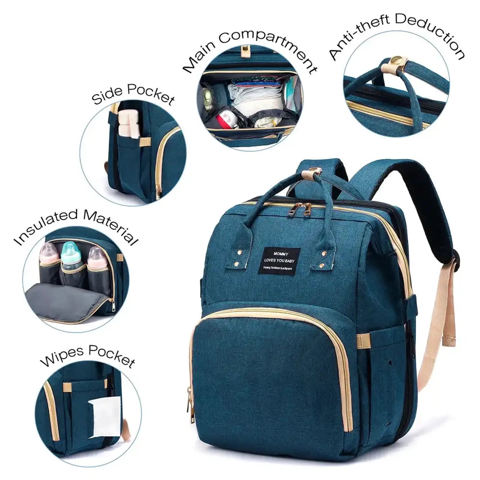 תיק גב LOVEVOOK BABY TRAVEL CARE, תא ראשי רחב, כיס צד מבודד, כיס מגבונים ורצועות AirMesh מרופדות