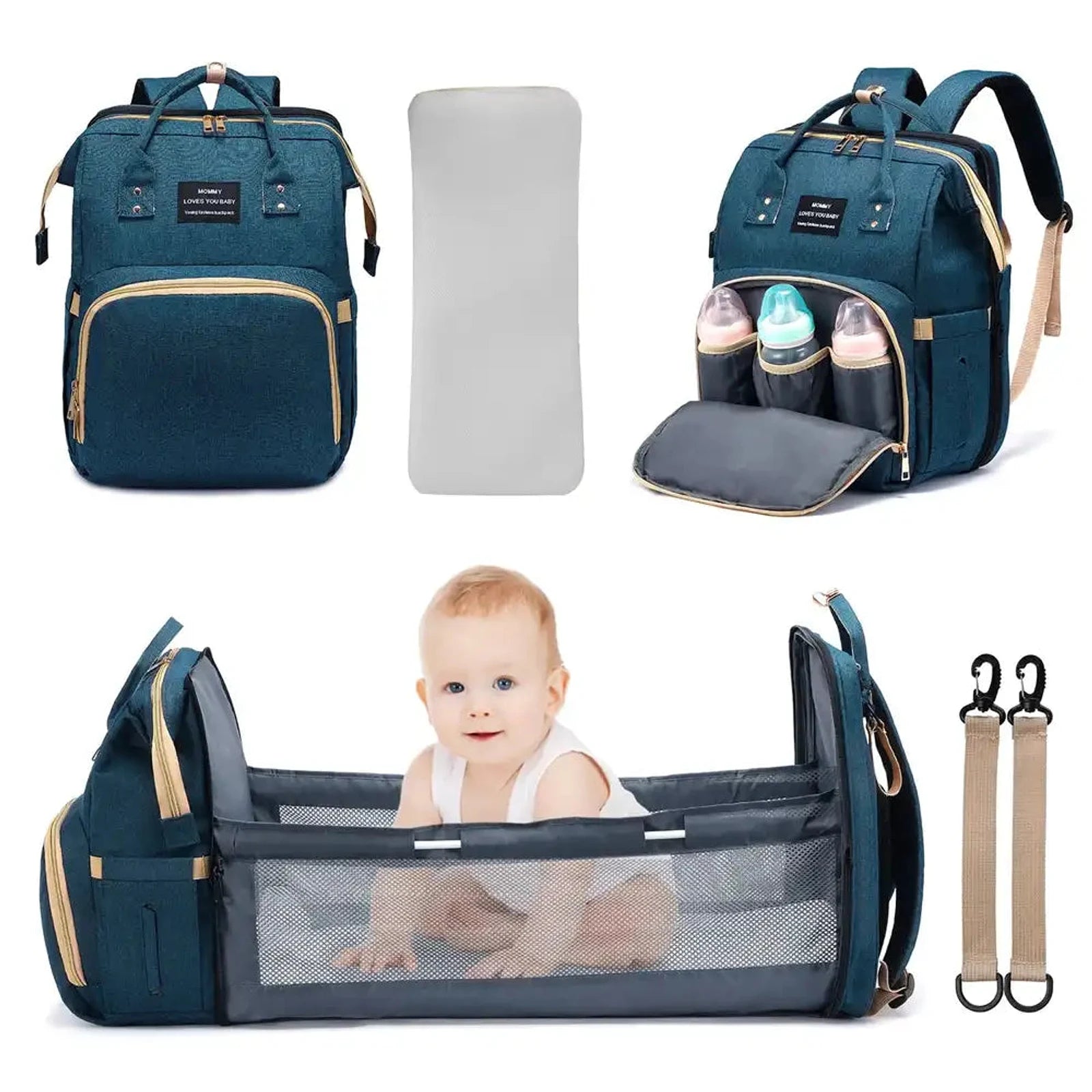 תיק גב החתלה LOVEVOOK BABY TRAVEL CARE בצבע בלו קורל, עשוי פוליאסטר 900D, נפרש למיטת תינוק, מבט כולל