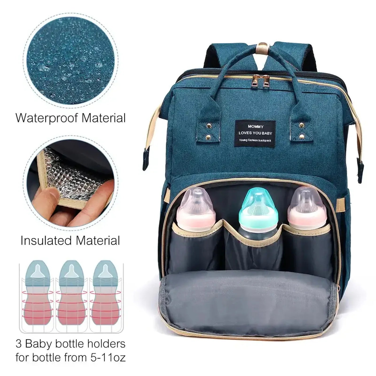 תיק החתלה LOVEVOOK BABY TRAVEL CARE עם בד פוליאסטר 900D דוחה מים ותאים מבודדים לשלושה בקבוקי תינוק