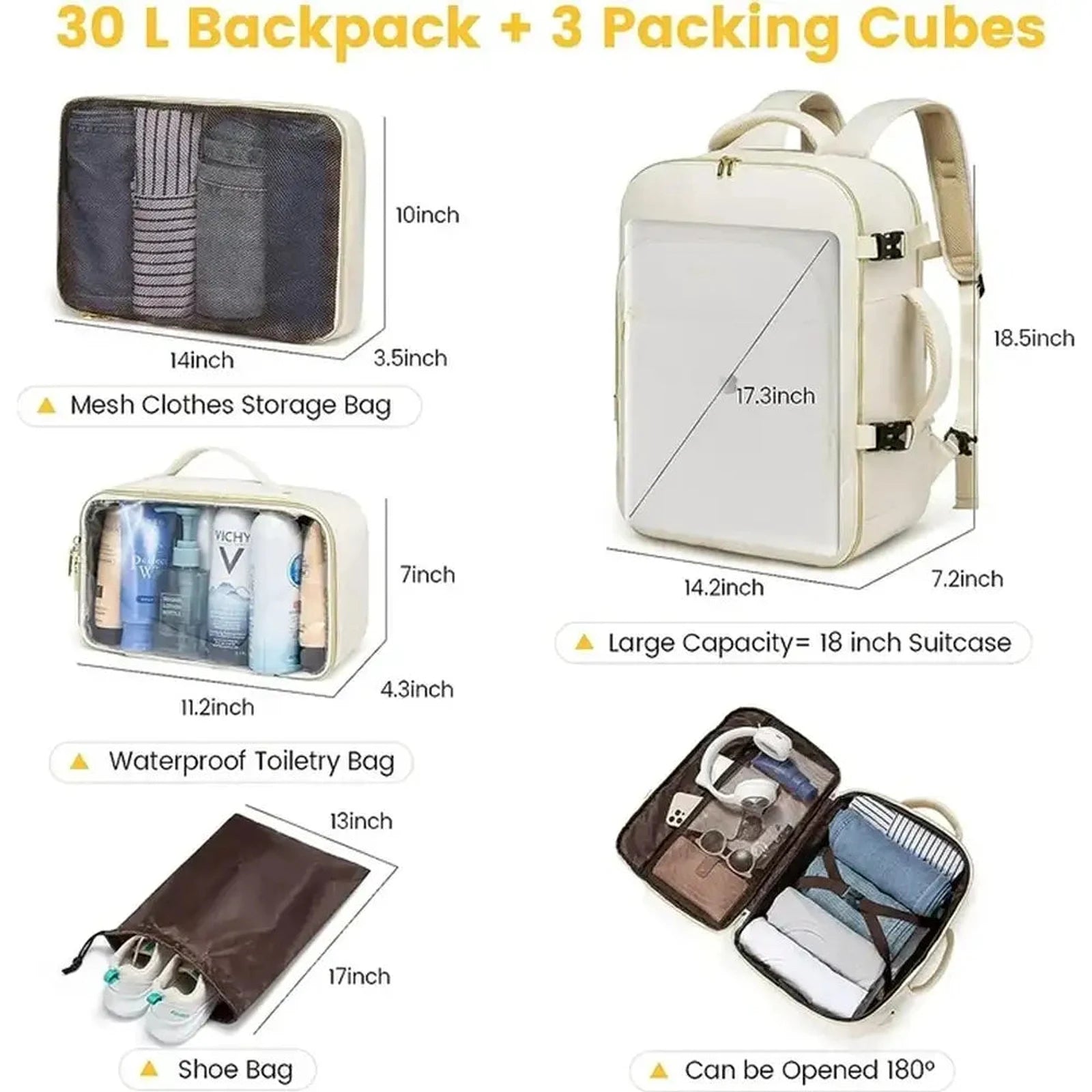 תיק עלייה למטוס נשי LOVEVOOK דגם CABIN AERIA 40 ליטר כולל שלוש קוביות אריזה, תא ללפטופ 17.3 אינץ' ופתיחה 180