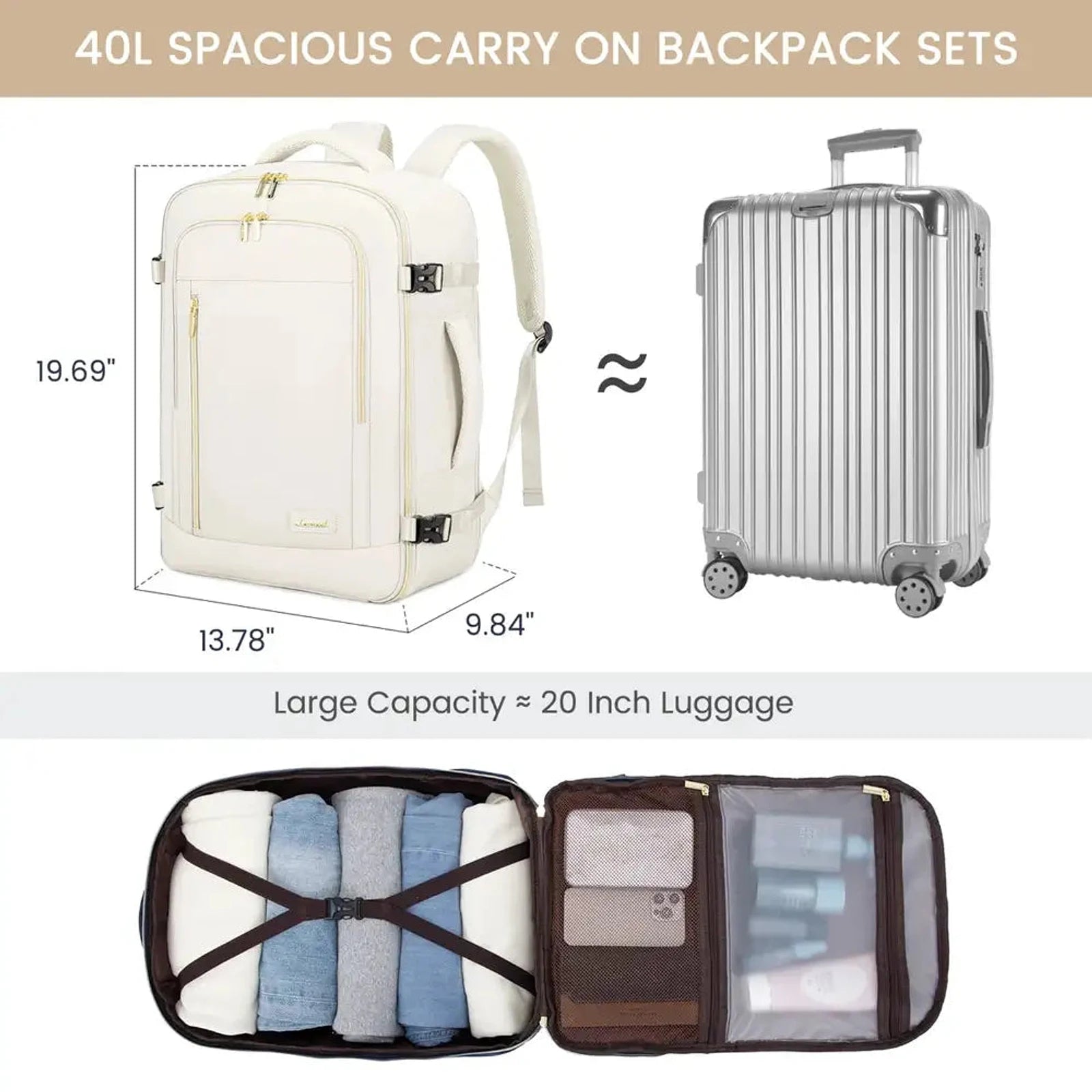 תיק עלייה למטוס נשי LOVEVOOK דגם CABIN AERIA 40 ליטר, מידות 47 על 36 על 18 ס"מ ופתיחה מלאה בסגנון מזוודה