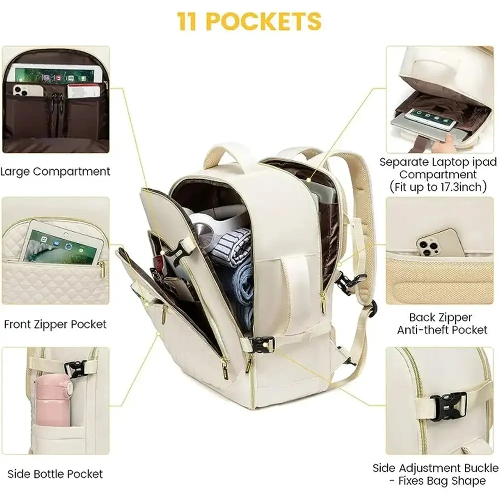 תיק עלייה למטוס נשי LOVEVOOK דגם CABIN AERIA 40 ליטר עם אחד עשר תאים, כולל תא ללפטופ וכיס אחורי נסתר נגד גניבה