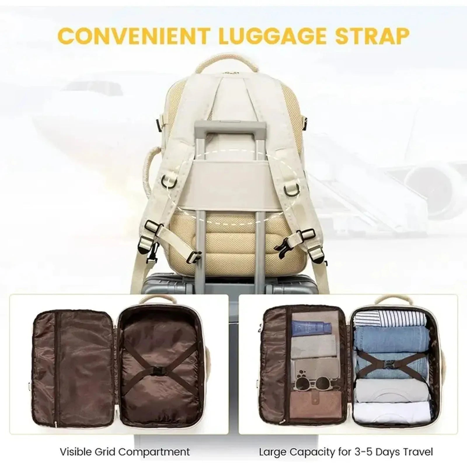 תיק עלייה למטוס נשי LOVEVOOK דגם CABIN AERIA 40 ליטר עם רצועת השחלה על מזוודת טרולי, תכולת קוביות