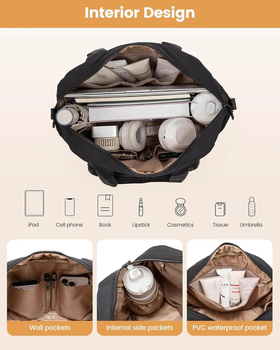 תיק נסיעות LOVEVOOK Cloud Comfort 50 ליטר שחור, עיצוב פנימי עם כיסי דופן, כיסי צד פנימיים וכיס PVC אטום למים
