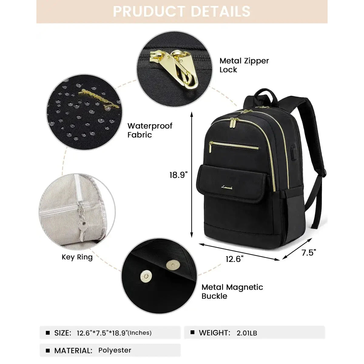 תיק גב נשי ללפטופ LOVEVOOK Fashion Travel עם מידות 40.5x30.5x19 סמ משקל 830 גרם ובד פוליאסטר עמיד למים