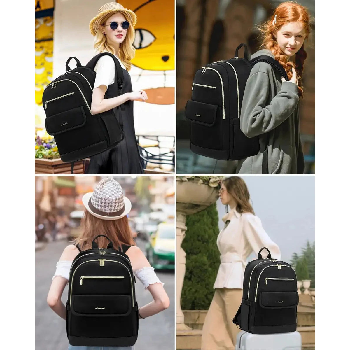 תיק גב נשי ללפטופ LOVEVOOK Fashion Travel בנשיאת לייף סטייל, נשים שונות עם התיק בעיר ובנסיעה
