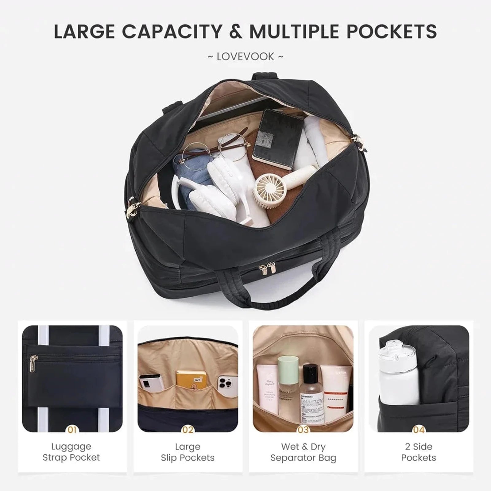 תיק נסיעות LOVEVOOK Travel Flex 40L פתוח עם תאים פנימיים מרופדים, תא רטוב וכיסים לארגון, מבט מלמעלה